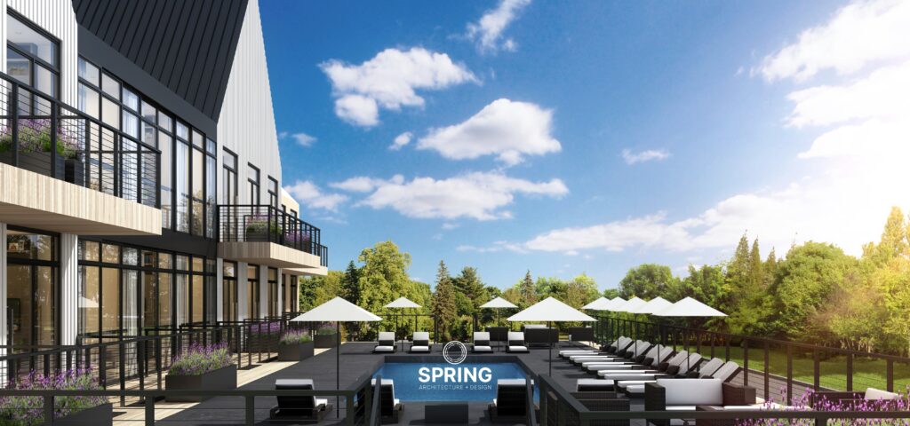 Community-centric microhousing project by SPRING with shared outdoor pool and green spaces.