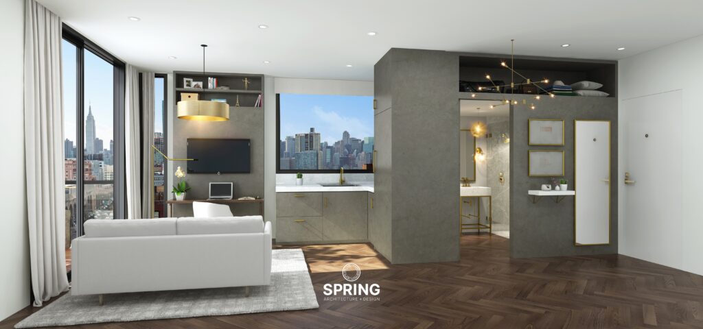 Interior view of a SPRING-designed micro-apartment featuring space-saving furniture and modern aesthetics.