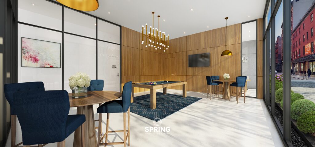 Interior view of a SPRING-designed micro-apartment featuring space-saving furniture and modern aesthetics.